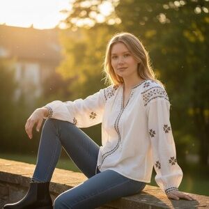 Beautifully embroidered cotton smocked blouse from Calypso St. Barth size S